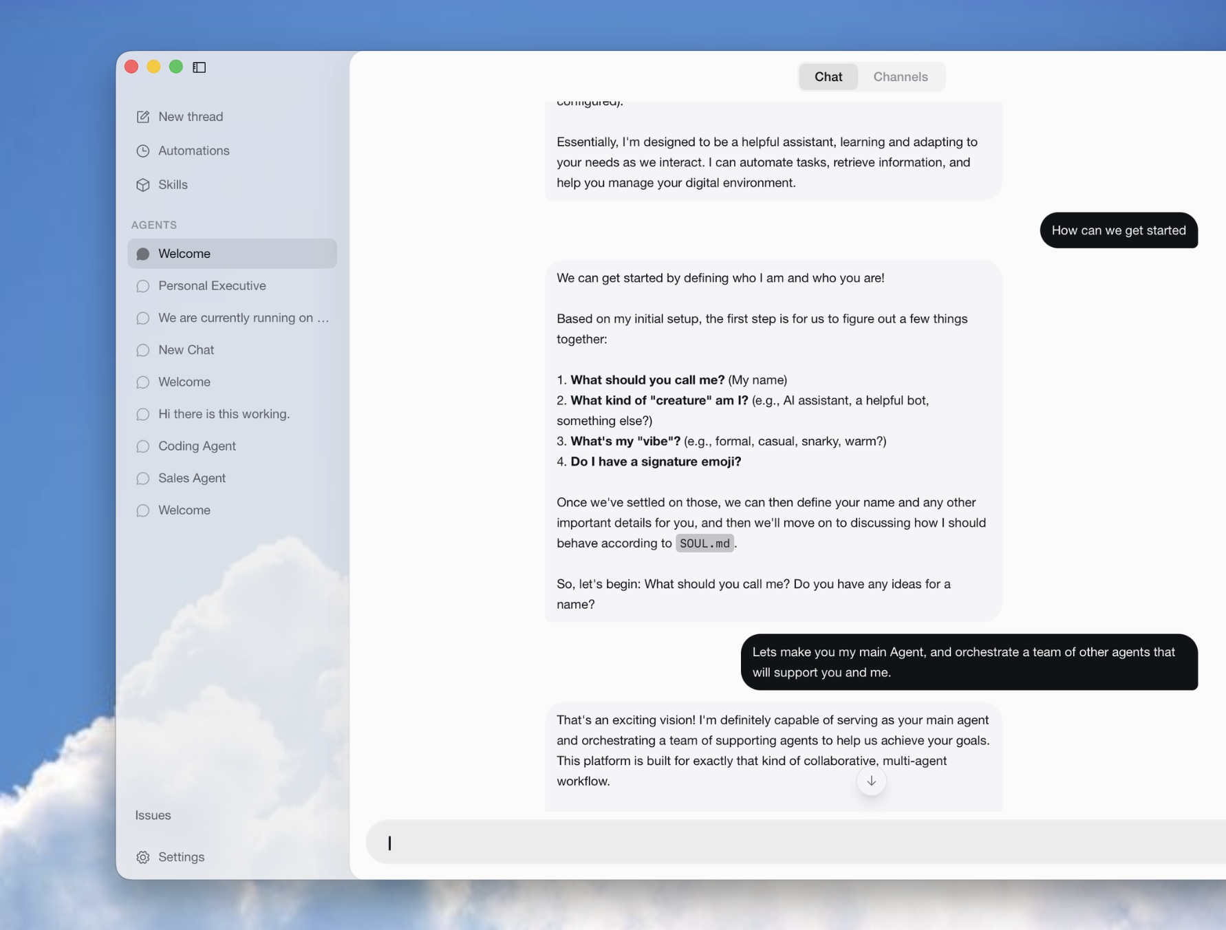 Ara desktop app showing AI agents connected to WhatsApp, iMessage, Signal, and Telegram